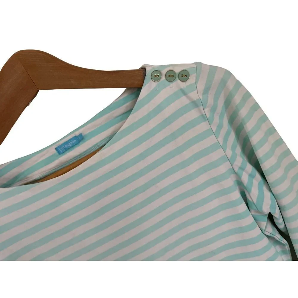 J. McLaughlin Top Crewneck Shoulder Buttons Tunic Green White Stripes Sweater SM - Picture 3 of 6